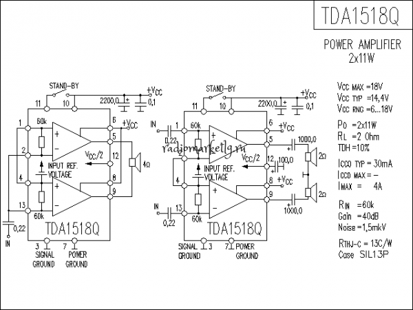  TDA1518BQ(8,5-18V 2x12W (1x24W) 4A Icco=30mA Ky=20dB)