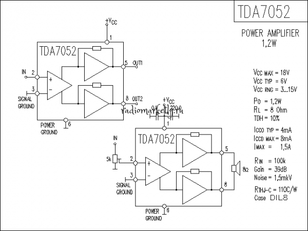  TDA7052(3-18V 1,2W 1,5A Icco=8mA Ky=40dB R=8Om)